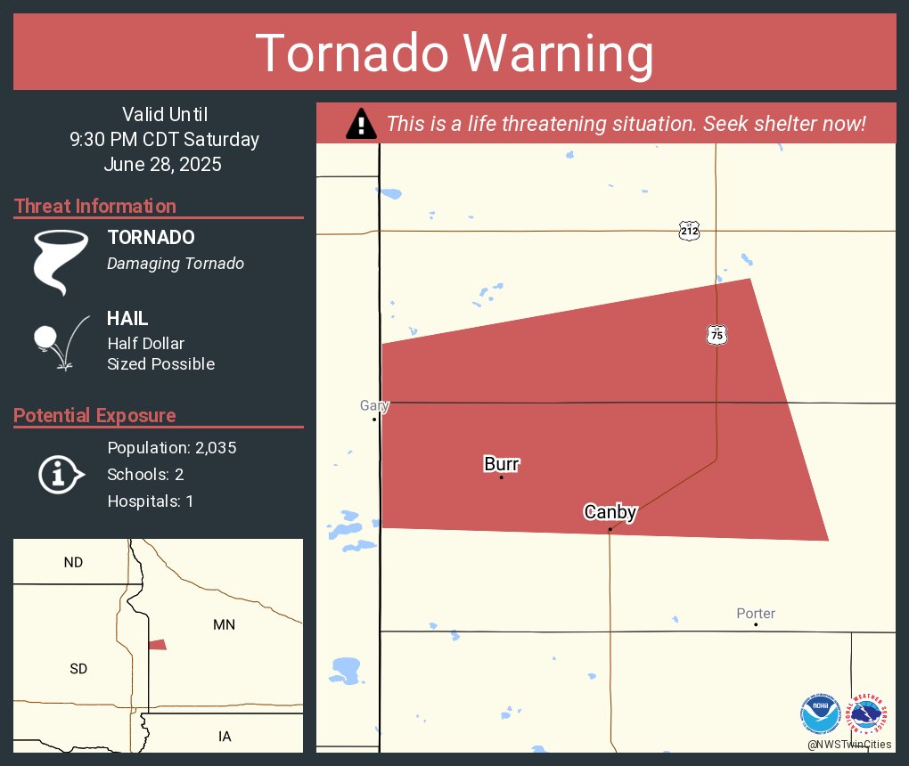 Tornado Warning continues for Canby MN and  Burr MN until 9:30 PM CDT