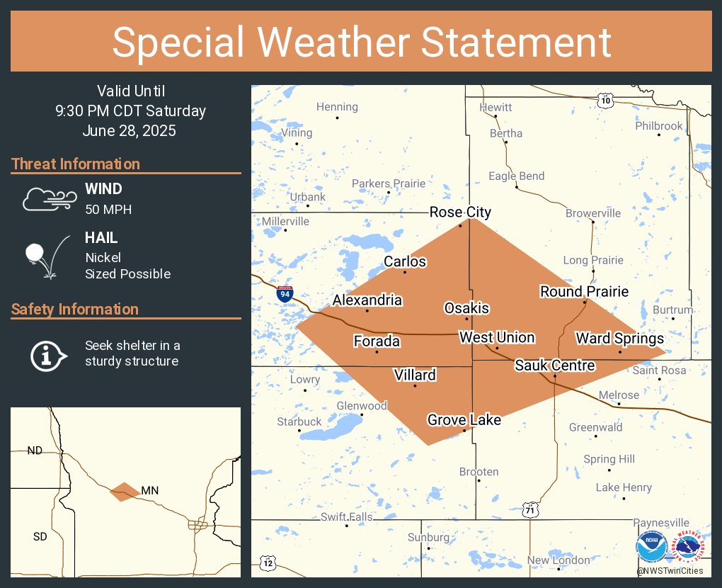 NWSTwinCities's tweet photo. A special weather statement has been issued for Alexandria MN, Sauk Centre MN and  Osakis MN until 9:30 PM CDT https://t.co/lXoulgnv6Y