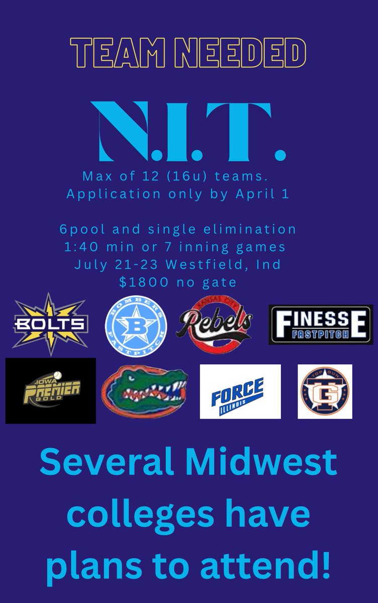 We have 1 team opening for our “NIT” event which takes place July 21-23 in Westfield, Ind next to the Alliance Nationals event! If a team is interested, reach out to get info!