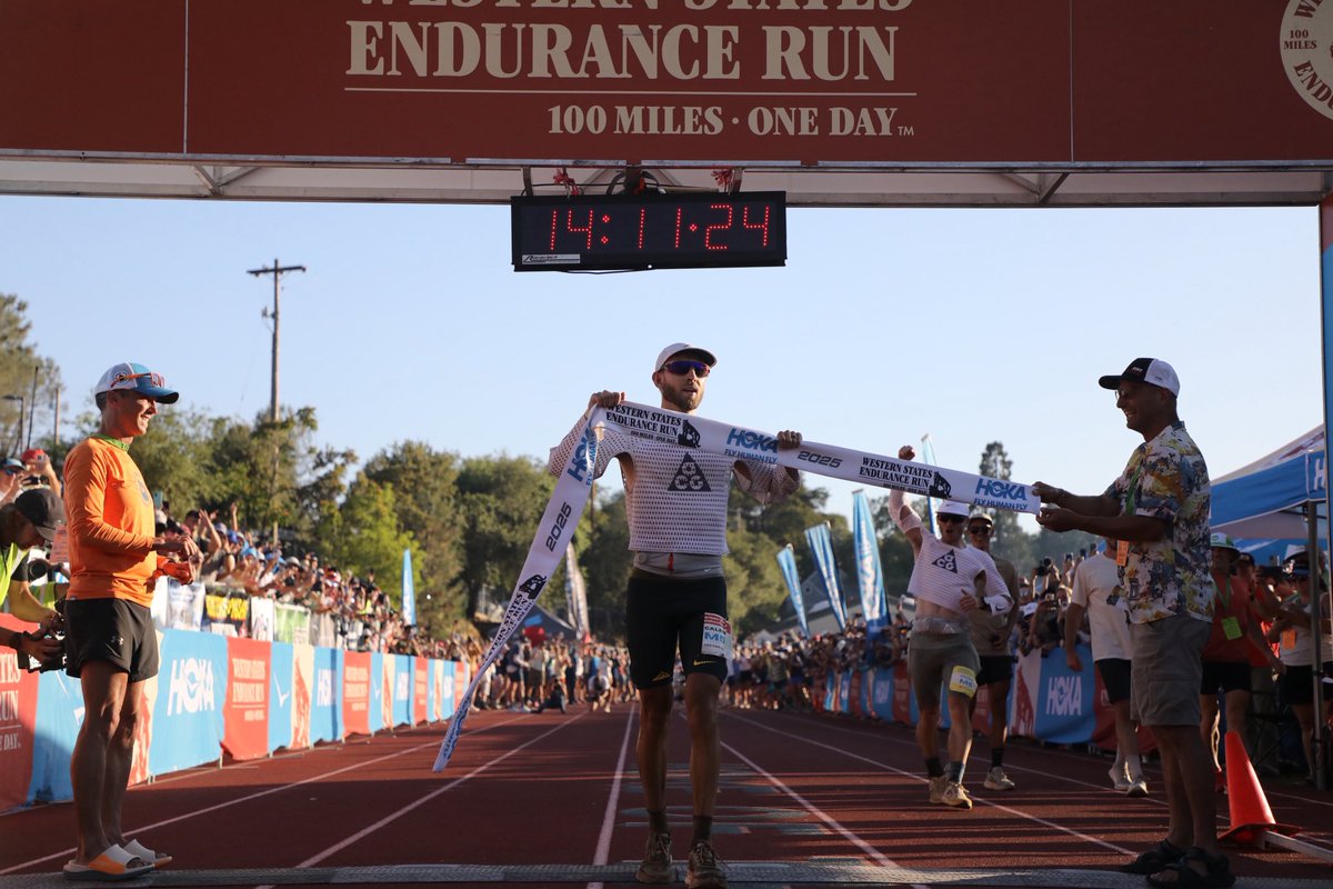 iRunFar's tweet image. Caleb Olson (@Nike) wins the 2025 Western States 100 in 14:11:25! This is the second fastest time in race history. He’s joined by his young family at the finish. #WS100