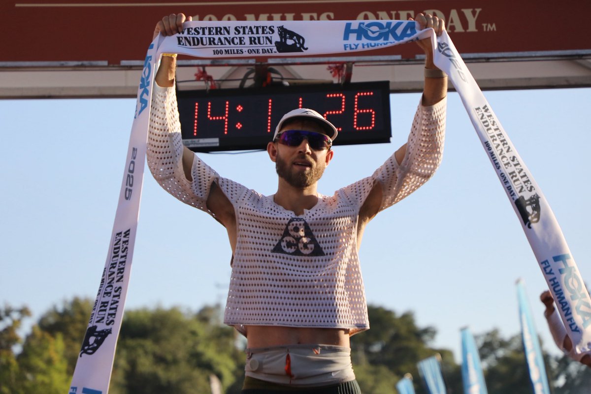 iRunFar's tweet image. Caleb Olson (@Nike) wins the 2025 Western States 100 in 14:11:25! This is the second fastest time in race history. He’s joined by his young family at the finish. #WS100