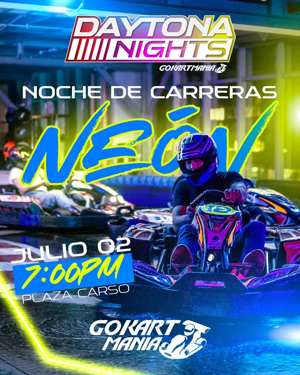 ¡La pista arde en neón! 🔥
Este 2 de julio en Plaza Carso, la pista se transforma en una rave sobre ruedas.

🏁 Daytona Nights
🕖 7:00 PM
🎧 Música, luces, derrapes, adrenalina y pura fiesta con casco puesto.

¿Te atreves a correr de noche?

⚡ Etiqueta a tu copiloto.