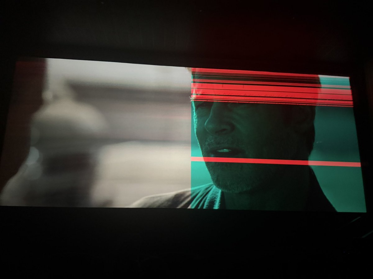 PaycomPenny's tweet photo. @F1Movie This is what happens when we tried to watch the movie at @AMCTheatres when it’s raining in the south! The roof leaked on the projector so we didn’t get to finish F1:The Movie. @warnerbros 😡 https://t.co/N7dL3RAt3W