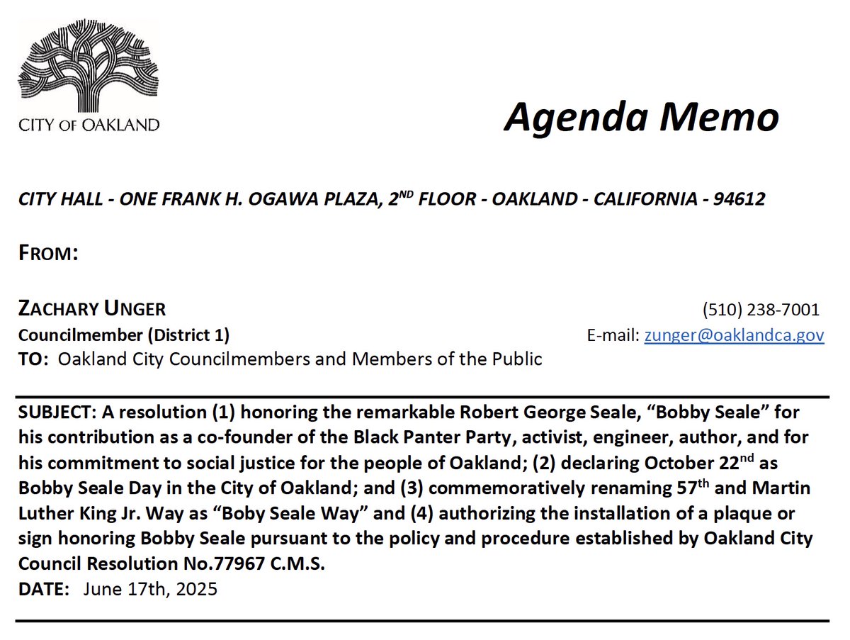 Oakland City Council vote 7/1/2025 on "Honoring The Remarkable Bobby Seale" with a commemorative day, naming of an intersection, and a plaque.
oakland.legistar.com/LegislationDet…
