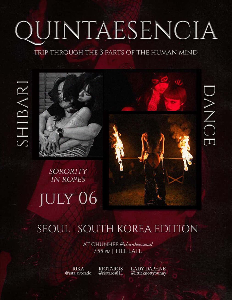 Lady Daphne De Vil | HK ๐ญ๐ฐ (@ladydaphnedevil) on Twitter photo quintaesenciatrip (ig๏ผ๐ดโช๏ธโซ๏ธ
ROPES. SEOUL | SOUTH KOREA๐ฐ๐ท
Edition โค๏ธ๐ชฉ๐ชข
6th July at chunhee.seoul (ig)
Trip through the 3 parts of the human mind.
SORORITY IN
Open /Close Till Late
SORORITY IN ROPES *
โจArtists:
๐โข RIKA.
SHIBARI SM
rsta.avocado (ig)
๐RIOTAROS.
DANCE quintaesenciatrip (ig๏ผ๐ดโช๏ธโซ๏ธ
ROPES. SEOUL | SOUTH KOREA๐ฐ๐ท
Edition โค๏ธ๐ชฉ๐ชข
6th July at chunhee.seoul (ig)
Trip through the 3 parts of the human mind.
SORORITY IN
Open /Close Till Late
SORORITY IN ROPES *
โจArtists:
๐โข RIKA.
SHIBARI SM
rsta.avocado (ig)
๐RIOTAROS.
DANCE