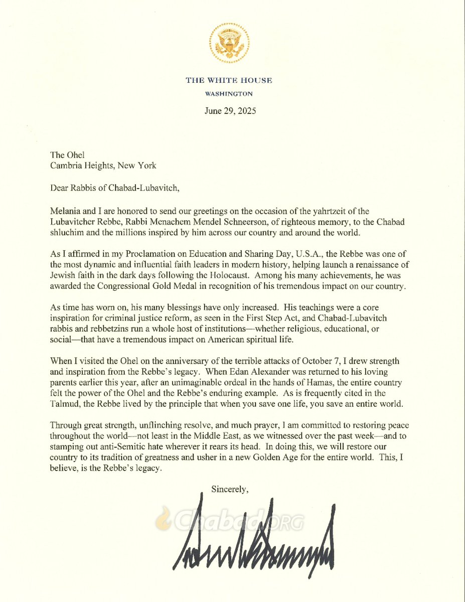 In Letter, President Trump Recalls Rebbe’s Expanding Legacy.

Marking the Rebbe’s 31st anniversary of passing on the eve of 3rd of Tammuz
Chabad.org/6944568