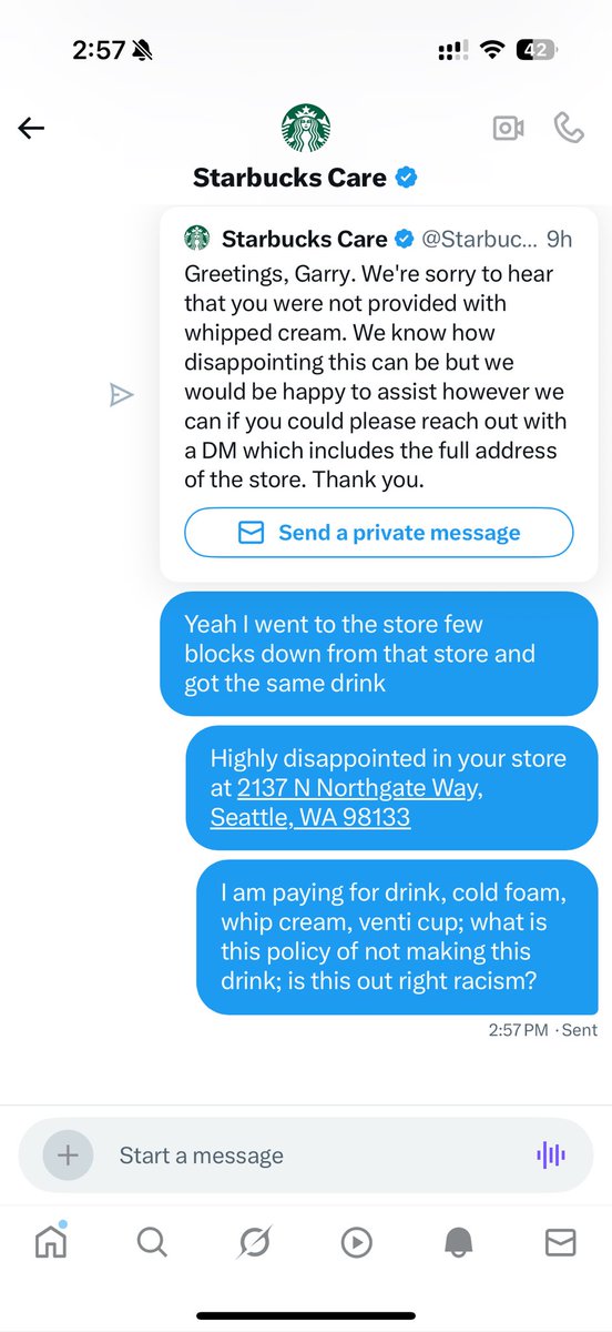 garrythebeary's tweet photo. @Starbucks I just called your customer care, they too confirmed “there is no such rule to not put coldfoam and whip cream on frappe together” 

My “white” friend got same drink from store. 

So this is outright #racism by “2137 N Northgate Way, Seattle, WA 98133” store employee? https://t.co/0P4LfsKiek
