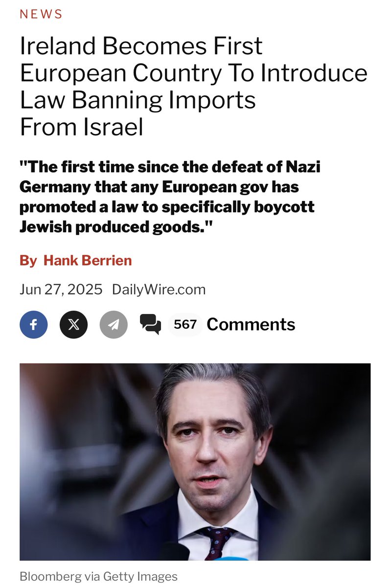 DanaErlich's tweet image. The Irish government takes pride in its new prejudiced draft Bill, claiming to be the first country to try to ban trade with Israel.
Indeed, it might be the first time since Nazi Germany that any European govt. has promoted a law to specifically boycott goods produced within the…