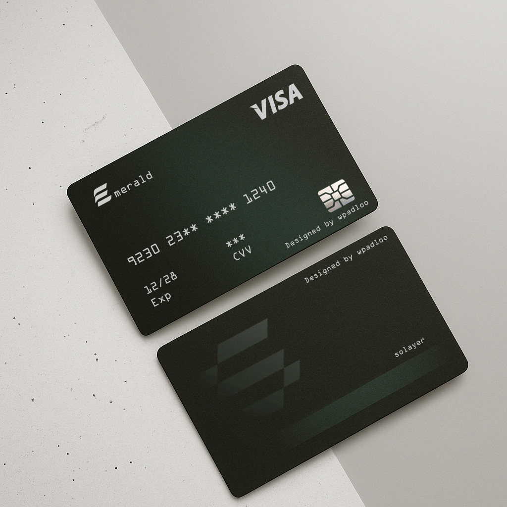 hi <a href="/emerald_card/">Solayer Pay</a> and <a href="/solayer_labs/">Solayer (mainnet arc)</a>👋   
i made the logo and design for the emerald card, i tried to make it minimalistic and i hope u appreciate it) 💚  
btw, i decided to add a couple more design options w the current logo
