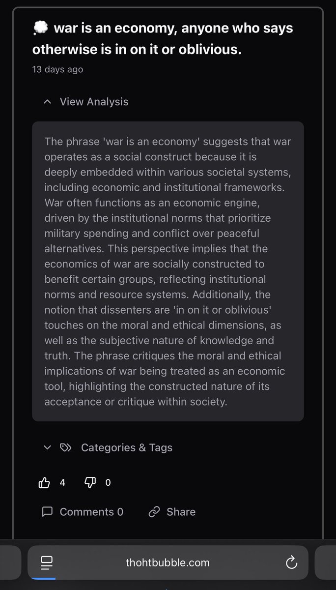 💭 war is an economy, anyone who says otherwise is in on it or oblivious.

share your thoughts on society and explore what constructs shape our reality...
💭🫧 thohtBubble.com