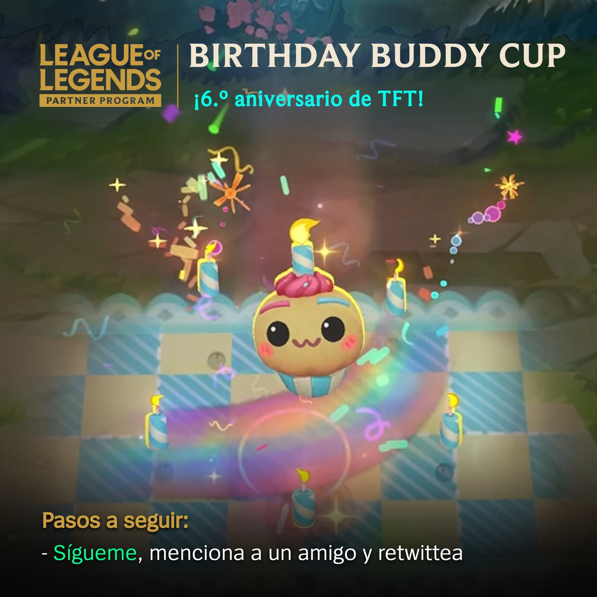¡Para celebrar el 6.º aniversario de TFT! 🥳
Códigos de Birthday Buddy Cuppy! ♥

Para cualquier región.
• Sigan los pasos que describe la imagen y ¡Mucha suerte a todos!

#TFTPartner