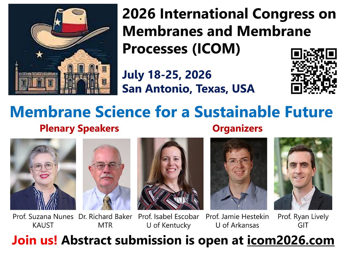 Hee Jeung Oh Research Group (@heejeungoh) on Twitter photo Join us for 2026 International Congress on Membranes and Membrane Processes (ICOM2026) on July 28-25, 2026, in San Antonio, TX, USA, featuring exciting plenary speakers – Suzana Nunes at <a href="/KAUST_News/">KAUST</a> and Richard Baker at MTR. Organizers: Isabel Escobar <a href="/IC_Escobar/">Dr. Isabel C Escobar (she/her/hers)</a>, Jamie Join us for 2026 International Congress on Membranes and Membrane Processes (ICOM2026) on July 28-25, 2026, in San Antonio, TX, USA, featuring exciting plenary speakers – Suzana Nunes at <a href="/KAUST_News/">KAUST</a> and Richard Baker at MTR. Organizers: Isabel Escobar <a href="/IC_Escobar/">Dr. Isabel C Escobar (she/her/hers)</a>, Jamie