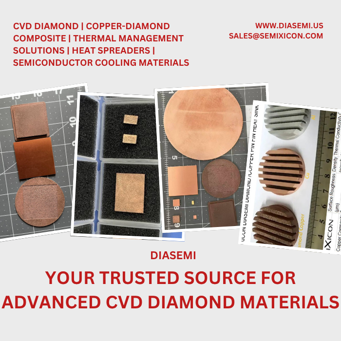 DiamondSemi's tweet photo. DIASEMI – CVD Diamond copper composites https://t.co/uA2KnsvD67
sales@semixicon.com
#Copperdiamondcomposite #highthermalconductivitymaterial #semiconductorheatspreader #diamondbasedcooling #GaNthermalsolution #advancedmaterialsforpowerdevices #diamondcompositesforICpackaging https://t.co/WXZXf8Ayha