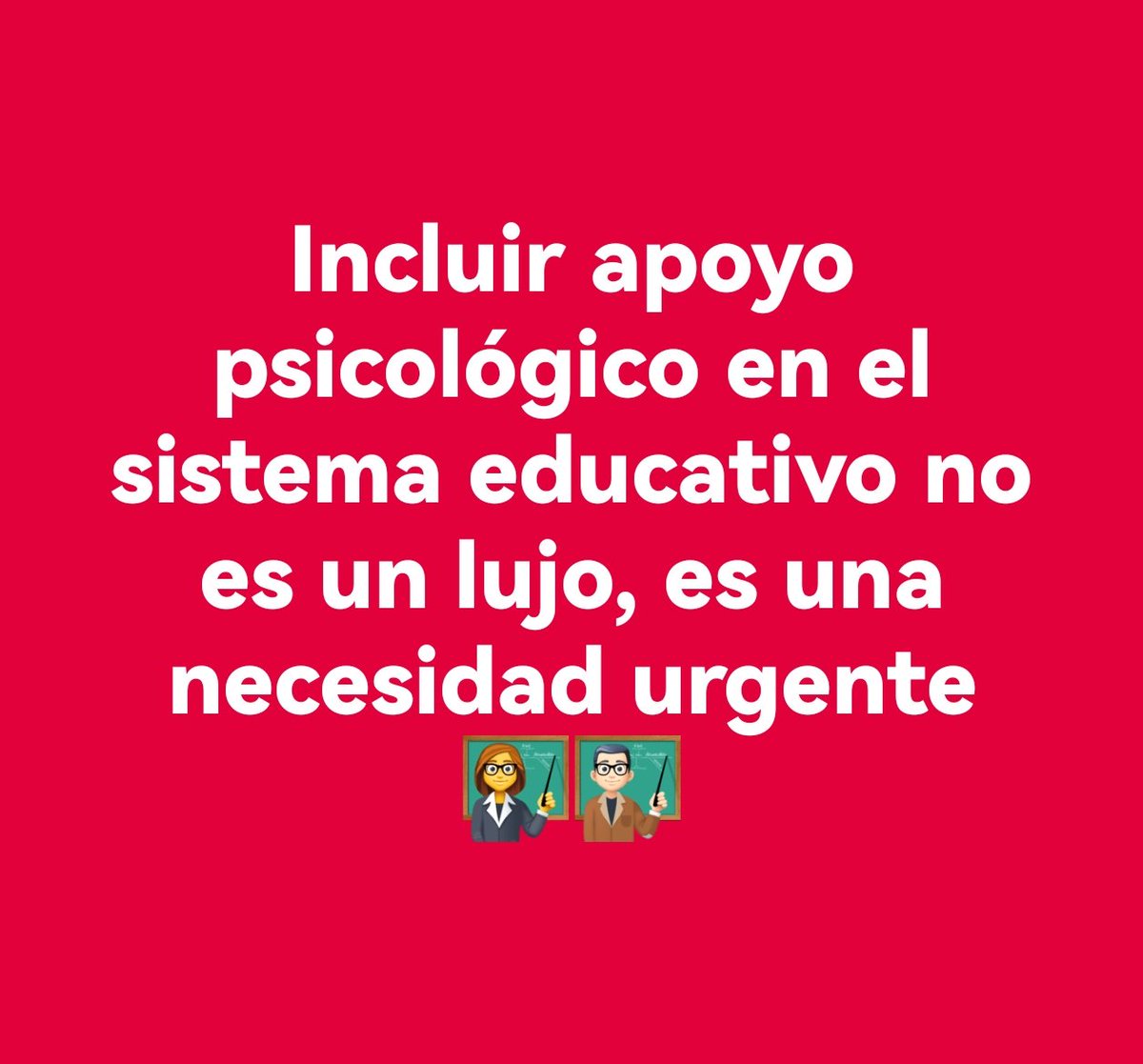 El_Mestra's tweet photo. Es un deber de las instituciones y centros educativos contar con personal capacitado en salud mental como herramienta de apoyo a estudiantes, padres de familia y docentes.
No es un gasto caprichoso, es una necesidad que debe cumplirse, sí o sí. https://t.co/4COzT9X4VN