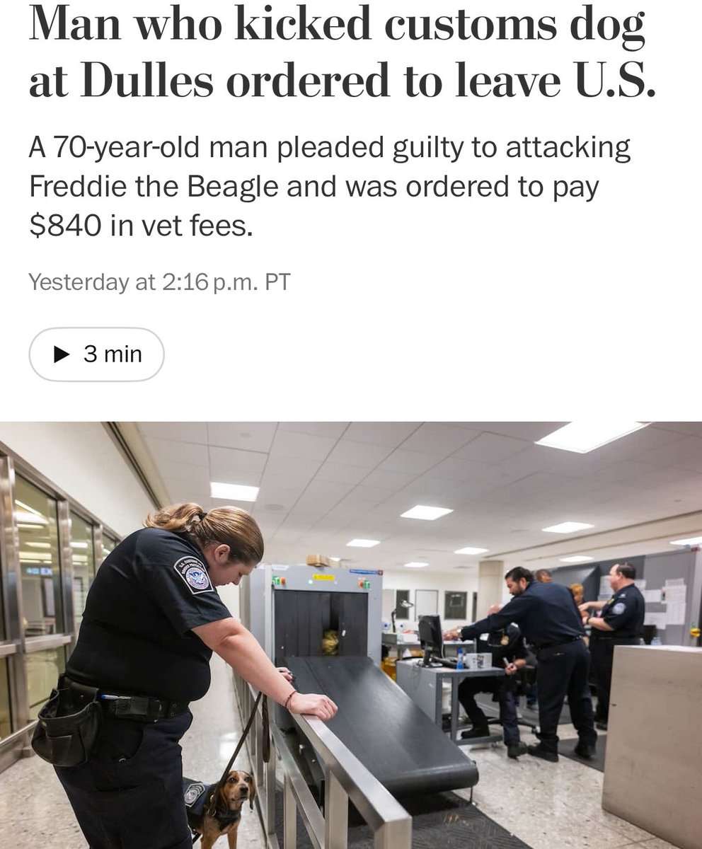 🐶💥 Shoutout to Freddie the CBP beagle. 

A man trying to smuggle illegal meat into the US—detected by Freddie—kicked him so hard he flew off the ground at Dulles. 

The animal abuser was ordered to pay the $840 vet bill and was deported.