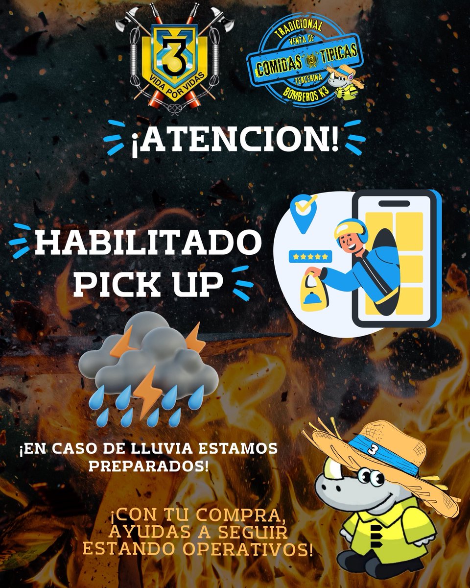 ¡HABILITAMOS PICK-UP!❤️🚨

🍽️🔥 ¡Ya te esperamos en K3!
Venta de Comidas Típicas 💛
🌧️ No se suspende por lluvia
🚗 Zona Pick Up habilitada
📋 Te compartimos el menú
📍 Cnel. López y Lagerenza – Atrás del Parque C.A. López
#K3 #Bomberos #ComidasTípicas