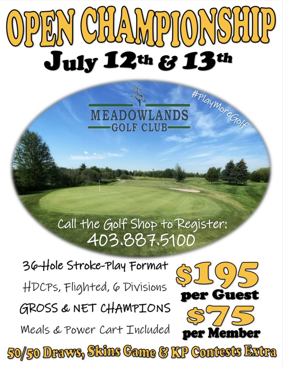 Register for our OPEN CHAMPIONSHIP on July 12th &amp; 13th ⛳️ 6 Divisions (Men’s, Sr. Men’s, Super Sr. Men’s, Ladies, Sr. Ladies &amp; Juniors) ⛳️ Gross &amp; Net Champions #PlayMoreGolf 403.887.5100