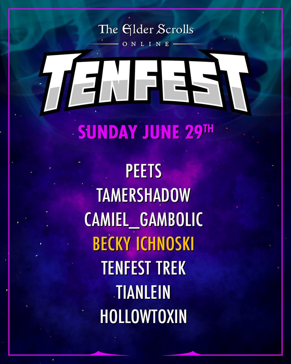 Another stellar line-up for tomorrow!!! #ESOTenfest
<a href="/CosyPeets/">Peets 💜</a> <a href="/tamershadow/">Tasha || tamershadow</a> <a href="/Gambol_ic/">Gambolic 🌈on holidays</a> <a href="/Tianlein_/">Tianlein</a> <a href="/_hollowtoxin_/">Hollowtoxin</a> and Becky Ichnoski - Voiceover Lead for #ElderScrollsOnline 
Don't miss it #ESOFam