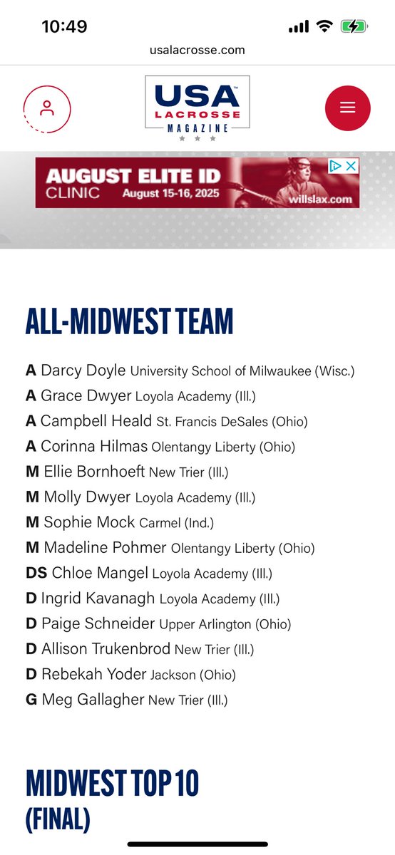 Congratulations to Seniors Grace Dwyer and Ingrid Kavanagh and Sophomores Molly Dwyer and Chloe Mangel on being named to the USA Lacrosse Midwest All Regional Team.  Go Ramblers! <a href="/LoyolaAcademy/">Loyola Academy</a> <a href="/LAGoRamblers/">Loyola Academy Athletics</a>