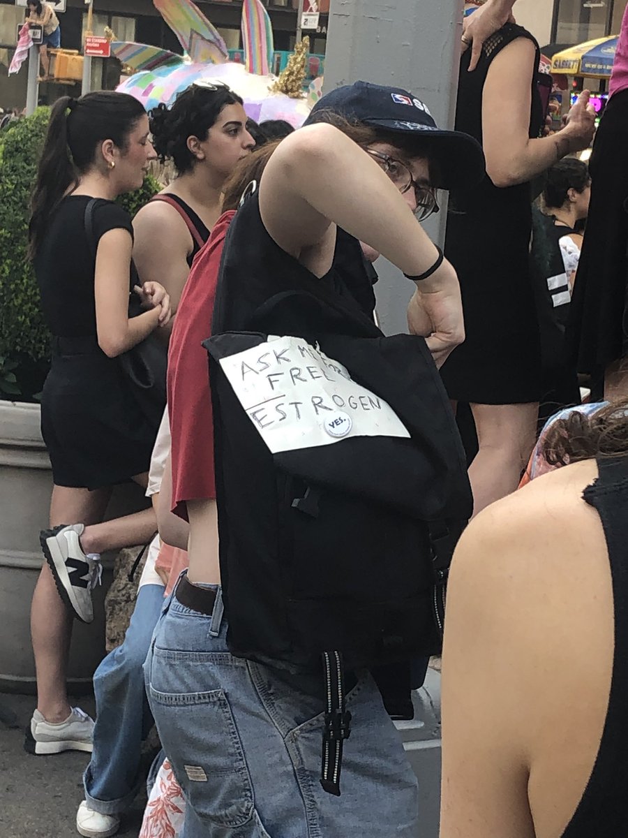 RoarWomenNYC's tweet photo. “Ask me for free estrogen.” Spotted at NYC D*ke March.

It’s going to be a while before the kids are alright. https://t.co/OrZhHjhKEa
