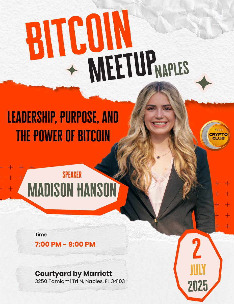 HansonHash's tweet image. Excited to share that I’ll be speaking at the next Bitcoin Meetup this Wednesday, July 2nd from 7–9 PM at the Courtyard by Marriott in Naples, FL 🧡