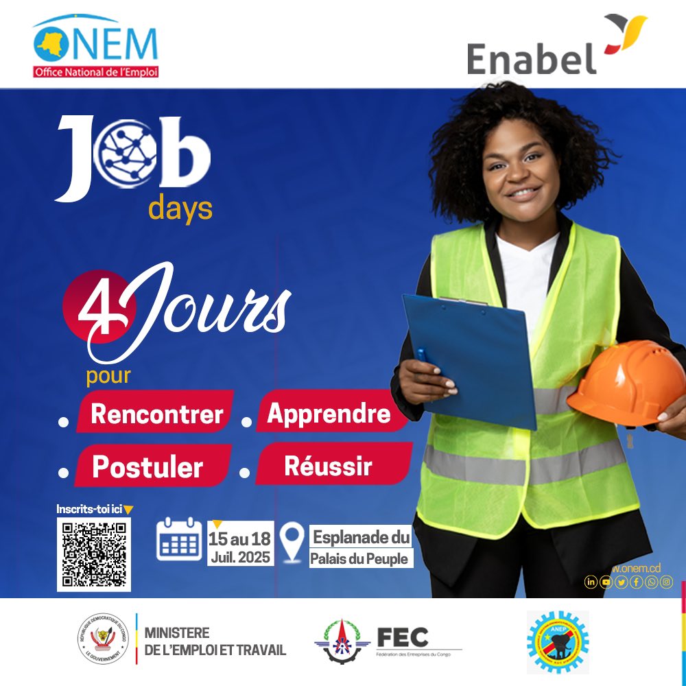 onem_cd's tweet photo. #JOBDAYS #Kinshasa
4 jours pour :
đ€ Rencontrer
đïž Postuler
đĄ Apprendre
đ RĂ©ussir
Tu es demandeur dâemploi ? Inscris-toi dĂšs maintenant sur https://t.co/ZykCFujQvh
@PrimatureRDC
@MinEmploiTraRDC
@FECRDC
@FogecRdc
@anadecrdc1
@Cnssap_RDC
@RdcCnss
@fanon_beya
@Enabel_en_RDC