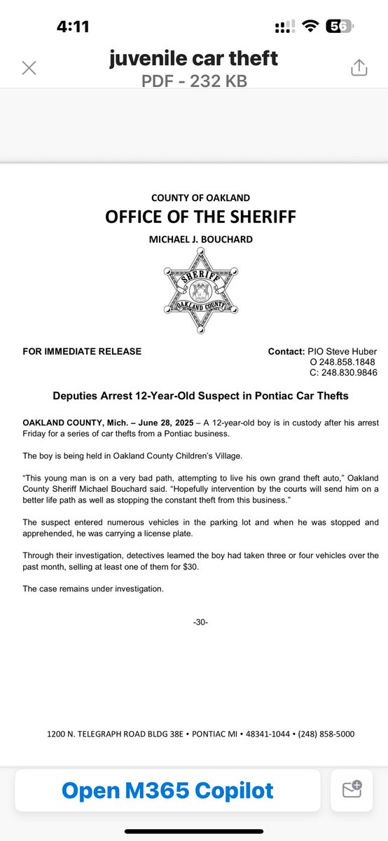 Our deputies are to be commended for their excellent work in stopping a young man, only 12 years old, who was on a path of grand theft auto. This type of behavior typically does not end well. Thankfully, the business will not have to continue to suffer from this criminal behavior