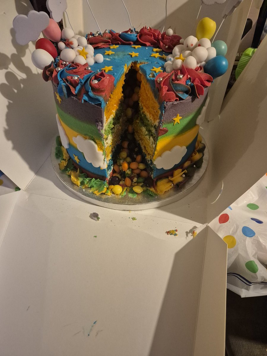 Rainbow cake for my boys' 7th Birthday! 
Skittles inside, too. 
My son loves it  xx