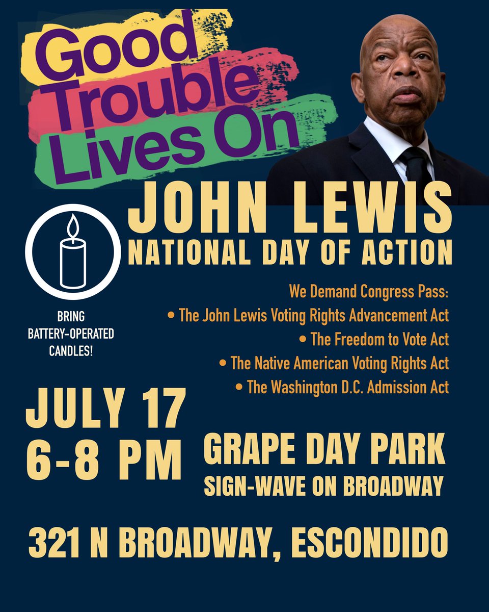 IndivisibleNCSD's tweet photo. @Hilltop__Leader Yes! We’re sponsoring some young activists in Escondido on 7/4 and participating in two locations for 7/17 Good Trouble Lives On! 
More info here: https://t.co/H6CcKR64xs https://t.co/twkBaWpzEs