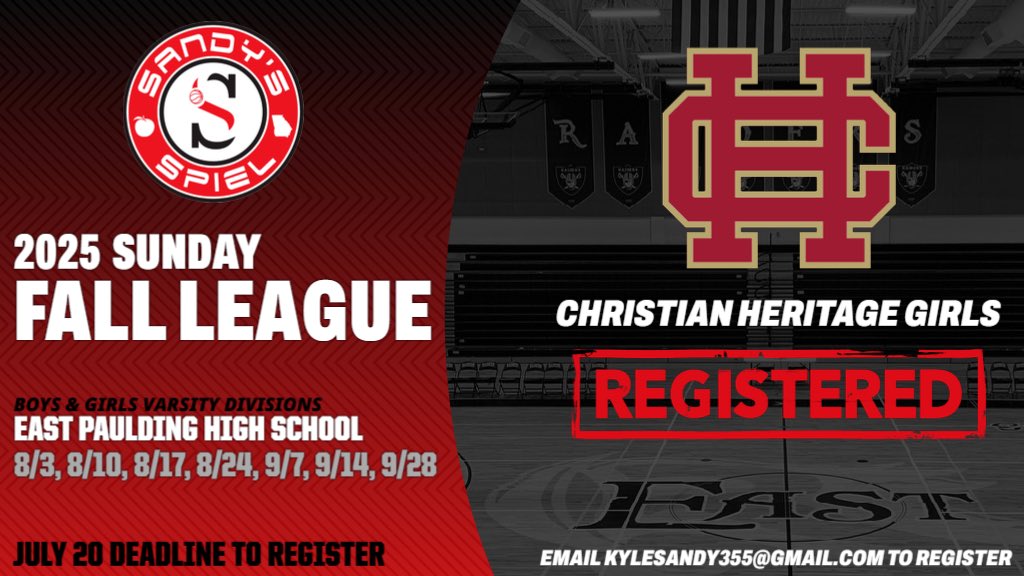 Sandy's Spiel (@sandysspiel) on Twitter photo Welcome <a href="/LadyLionsHoops2/">Christian Heritage Girls Basketball</a> to the #SandysSpielFallLeague!
🚨JULY 20 REGISTRATION DEADLINE🚨
JOIN THEM: sandysspiel.com/2025-sandys-sp… Welcome <a href="/LadyLionsHoops2/">Christian Heritage Girls Basketball</a> to the #SandysSpielFallLeague!
🚨JULY 20 REGISTRATION DEADLINE🚨
JOIN THEM: sandysspiel.com/2025-sandys-sp…