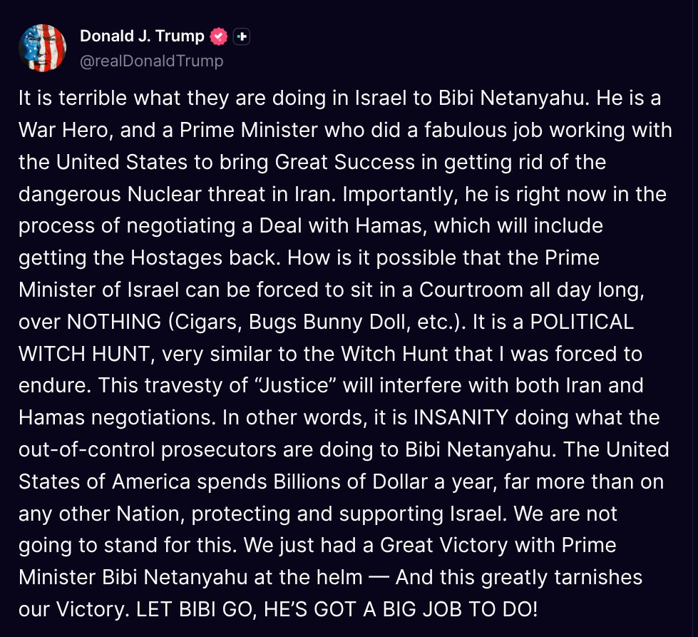 🇺🇸 | ÚLTIMA HORA: Donald Trump:

"Es terrible lo que le están haciendo en Israel a Bibi Netanyahu. Es un héroe de guerra y un primer ministro que hizo un trabajo fabuloso trabajando con Estados Unidos para lograr un gran éxito en la eliminación de la peligrosa amenaza nuclear en