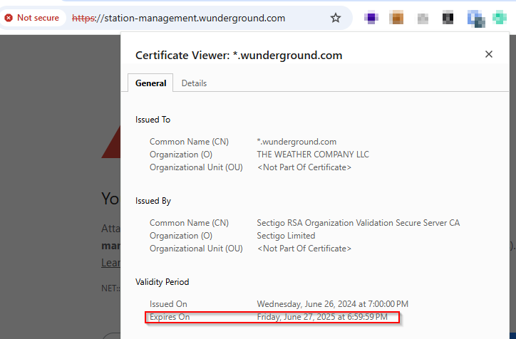 AndrewHeavin's tweet photo. @wunderground - The wildcard cert being served by https://t.co/90WfwVnjlP didn't get updated. Could you please fix? https://t.co/g8AWKAqMdh
