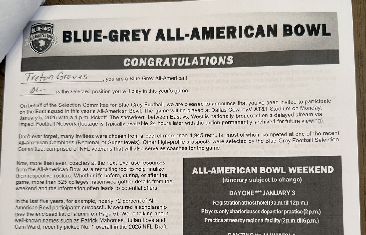 Trenton Graves (@trentongraves52) on Twitter photo Blessed to receive an invite to play in the Blue-Grey All American Bowl in Dallas! <a href="/BlueGreyFB/">Blue-Grey All-American Bowl</a>
<a href="/coachcreeve/">Charlie Reeve</a> <a href="/_CoachIrvin/">Coach Irvin ๐ต</a> <a href="/the_CoachTC/">Coach Collins</a> <a href="/RecruitCalallen/">Calallen Wildcats Recruiting</a>
#UMW Blessed to receive an invite to play in the Blue-Grey All American Bowl in Dallas! <a href="/BlueGreyFB/">Blue-Grey All-American Bowl</a>
<a href="/coachcreeve/">Charlie Reeve</a> <a href="/_CoachIrvin/">Coach Irvin ๐ต</a> <a href="/the_CoachTC/">Coach Collins</a> <a href="/RecruitCalallen/">Calallen Wildcats Recruiting</a>
#UMW