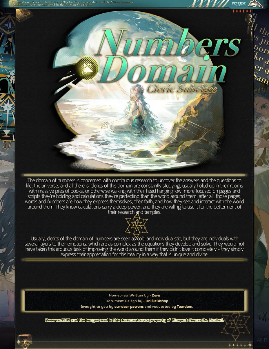 undertomesThe's tweet photo. Fuel your faith in numbers and equations with this Reverse: 1999 inspired Cleric subclass for #dnd5e! Utilizing calculations and positioning to your favor, you can aid your allies into battle! Higher quality on our discord!
#Reverse1999 #undertomes #subclass #cleric https://t.co/bH9q8qjTkW