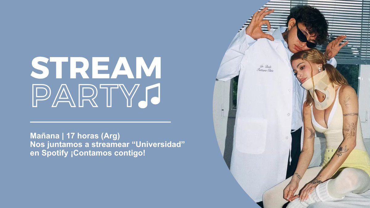 ¡MAÑANA!

A las 17hrs se realizara un Stream Party de ‘UNIVERSIDAD’ en Spotify. Esperamos que todxs puedan participar!🩵
