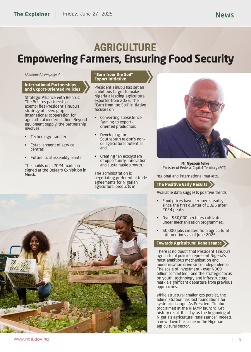 NOA_Nigeria's tweet photo. The 48th  edition of The Explainer focuses on President Bola Tinubu  administration’s giant strides in revolutionising Nigeria’s agriculture sector through a four-pillar approach: mechanisation and tech adoption, rural infrastructure development, youth engagement, and international partnerships.
This aims to address challenges like low productivity, food inflation, and post-harvest losses, promoting food security and economic growth, ultimately empowering farmers and ensuring food security.
The edition also contains many more reports on policies of the Tinubu-led government. You can always rely on CLHEEAN, the NOA’s Voice/Chat Assistant, for information on these and any other policies. Visit https://t.co/nuga5RprCo . Enjoy it.