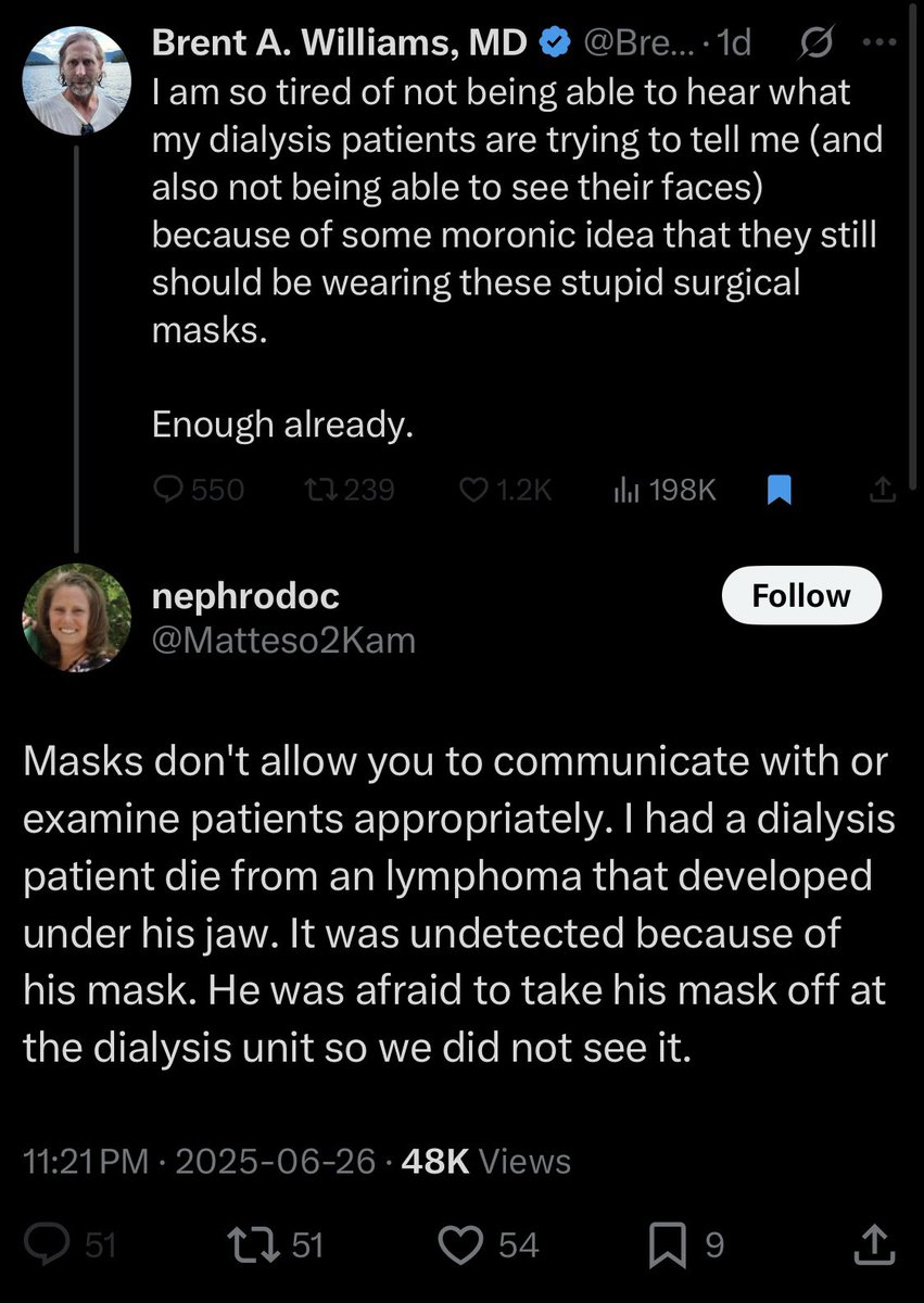 Doctor admits her patient died because she couldn’t diagnose lymphoma unless they removed their mask. 

Doctors need to adapt. There’s no reason they couldn’t palpate a lymph node on a masked patient. 

She’s since deleted the post, perhaps because it shows utter incompetence
