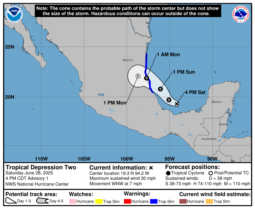 SkyAlertStorm's tweet image. Depresión tropical "Dos", el segundo ciclón tropícal se formó en el Golfo de México.

🔹Se ubica a 340 km al este-sureste de Tuxpan, Veracruz. 
🔹Se fortalecerá a tormenta tropical #Barry en próximas horas.
🔹Estaría tocando tierra durante las primeras horas del lunes entre Poza…