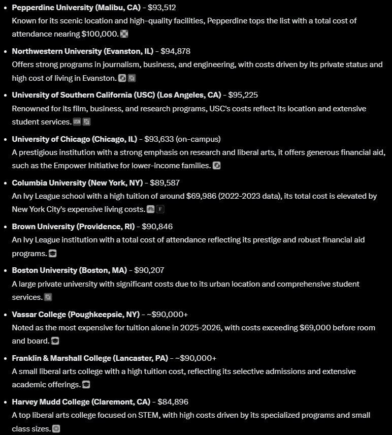 Crypto4CollegeX's tweet photo. The most expensive Universities 2024-2025  according to @grok... does $90K / year seem reasonable? https://t.co/LKiE2R3VYx