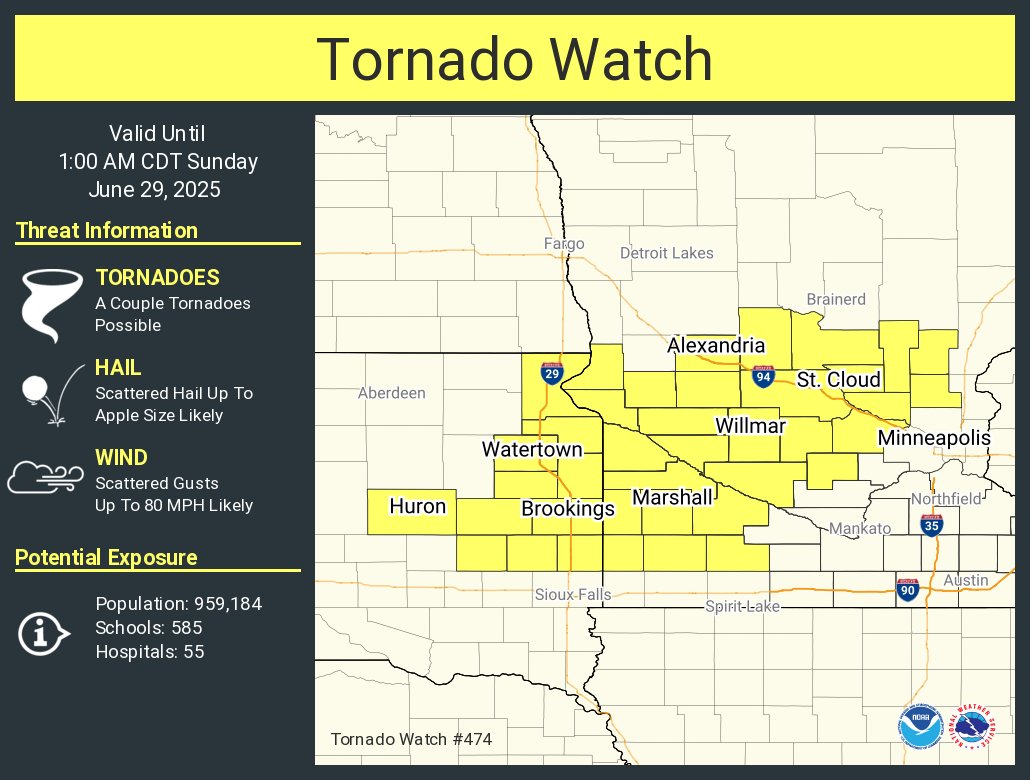 A tornado watch has been issued for parts of Minnesota and South Dakota until 1 AM CDT