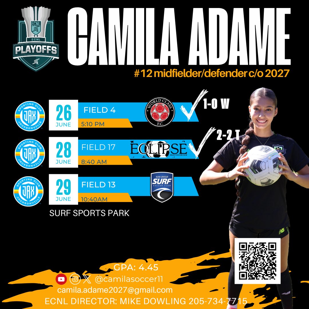 Camila Adame (@camilasoccer11) on Twitter photo Proud of my team for battling to a 2-2 draw 🆚 Eclipse. Grateful to have contributed with a ⚽️ and an assist. Back at it tomorrow against defending champs San Diego Surf.
<a href="/SportingJaxSa/">Sporting Jax Soccer Academy</a> <a href="/sporting_jax/">Sporting JAX</a> <a href="/ECNLgirls/">ECNL Girls</a> <a href="/ECNLSoutheast/">ECNL Southeast Girls</a> <a href="/TopDrawerSoccer/">TopDrawerSoccer</a> <a href="/VicOlorunfemi10/">Victor Olorunfemi</a> <a href="/PrepSoccer/">Prep Soccer ⚽️</a> Proud of my team for battling to a 2-2 draw 🆚 Eclipse. Grateful to have contributed with a ⚽️ and an assist. Back at it tomorrow against defending champs San Diego Surf.
<a href="/SportingJaxSa/">Sporting Jax Soccer Academy</a> <a href="/sporting_jax/">Sporting JAX</a> <a href="/ECNLgirls/">ECNL Girls</a> <a href="/ECNLSoutheast/">ECNL Southeast Girls</a> <a href="/TopDrawerSoccer/">TopDrawerSoccer</a> <a href="/VicOlorunfemi10/">Victor Olorunfemi</a> <a href="/PrepSoccer/">Prep Soccer ⚽️</a>