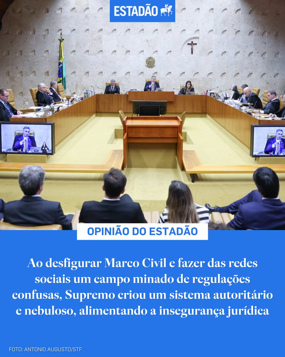 Estadao's tweet photo. EDITORIAL: ‘Supremo bagunça as redes sociais’ – Corte fabricou exceções onde a Constituição exige lei, e o fez com o entusiasmo de quem se vê investido de uma missão redentora https://t.co/MznrEMSAha

📸Antonio Augusto/STF https://t.co/To7N8DsAya
