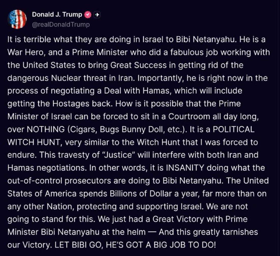 LauraLoomer's tweet photo. President Trump says @netanyahu is being subjected to a POLITICAL WITCH HUNT. 

“We are not going to stand for this”, he said. https://t.co/KynroDiJSe