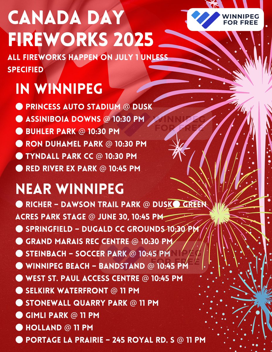 Winnipeg for Free (@wpgforfree) on Twitter photo 2025 #CanadaDay fireworks in and near #Winnipeg.
More Info: wpgforfree.ca/canada
Follow for updates including additions and cancellations on facebook.com/wpgforfree 2025 #CanadaDay fireworks in and near #Winnipeg.
More Info: wpgforfree.ca/canada
Follow for updates including additions and cancellations on facebook.com/wpgforfree
