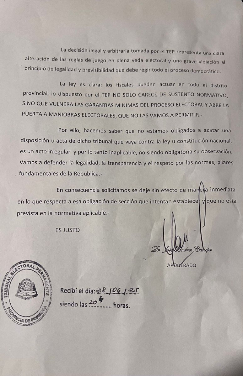 alepassarelliok's tweet photo. Formosa: EL Tribunal Permanente Electoral Gildista prohíbe a los fiscales generales de la oposición a moverse libremente por el territorio formoseño a horas de las elecciones del 29/6
Gravisimo!!!
@CorteSupremaJ https://t.co/9f1pXWF33a