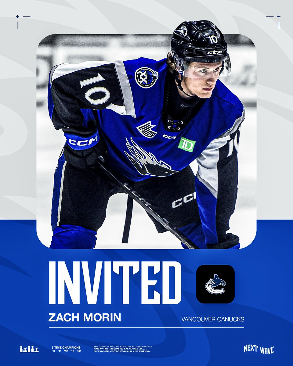 SJSeaDogs's tweet image. Heading out west 🔜

#SJSeaDogs forward Zach Morin has been invited to the Vancouver Canucks Development Camp!

#GoDogsGo | @Canucks