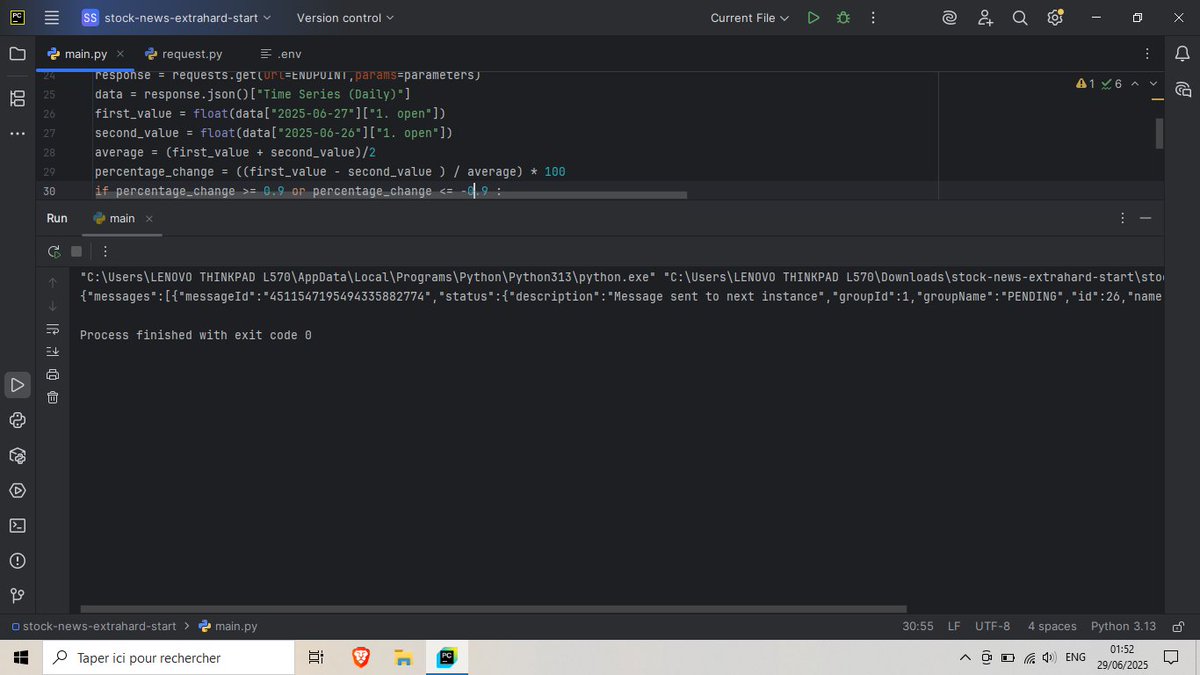 ThegamerZed's tweet photo. Day 36 of #100daysofcode 
I harnessed the power of APIs once again to monitor stock prices,and send text messages about company news  when massive price fluctuations are observed.I used 3 different APIs  each handling one part of the project
- Prices
- News
- sending text message https://t.co/9tnYOGw3AB