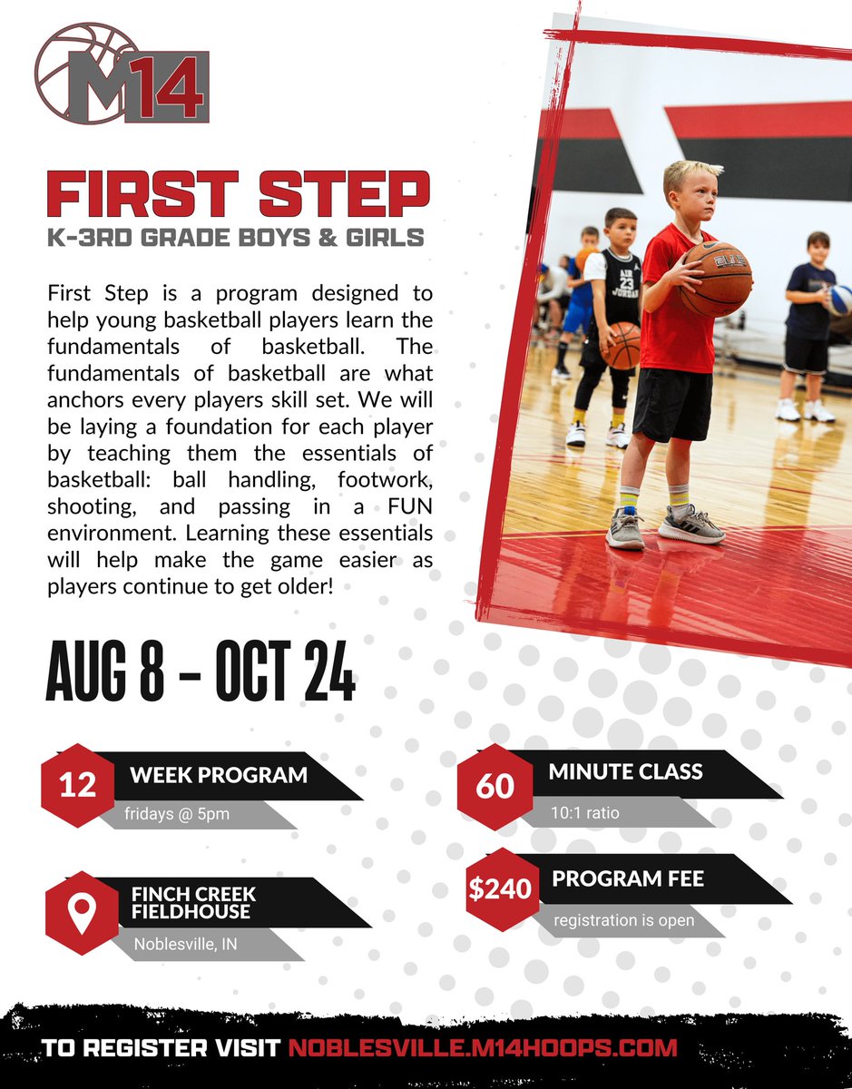 NOBLESVILLE FALL PROGRAMS
📍 Finch Creek Fieldhouse
Train now for winter tryouts

• Fall Academy (3rd–12th)
• Sunday Skillz (3rd–12th)
• First Step (K–2nd)

Sign up ⬇️
noblesville.m14hoops.com

 #BasketballTraining #YouthBasketball #skilldevelopment