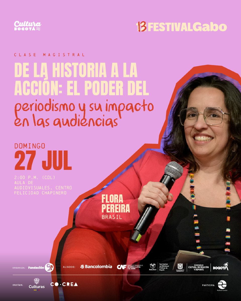 FestivalGabo's tweet photo. 📣 ¿Qué necesita una historia para convertirse en una herramienta de participación y acción? 

Flora Pereira llega al #FestivalGabo2025 con una clase magistral sobre el periodismo investigativo como una herramienta de cambio social y ambiental. ✊

📅 Domingo 27 de julio de 2025 (2:00 p. m.)
🎟 Entrada libre hasta completar aforo.
Regístrate aquí 👉https://t.co/nojA6r398O