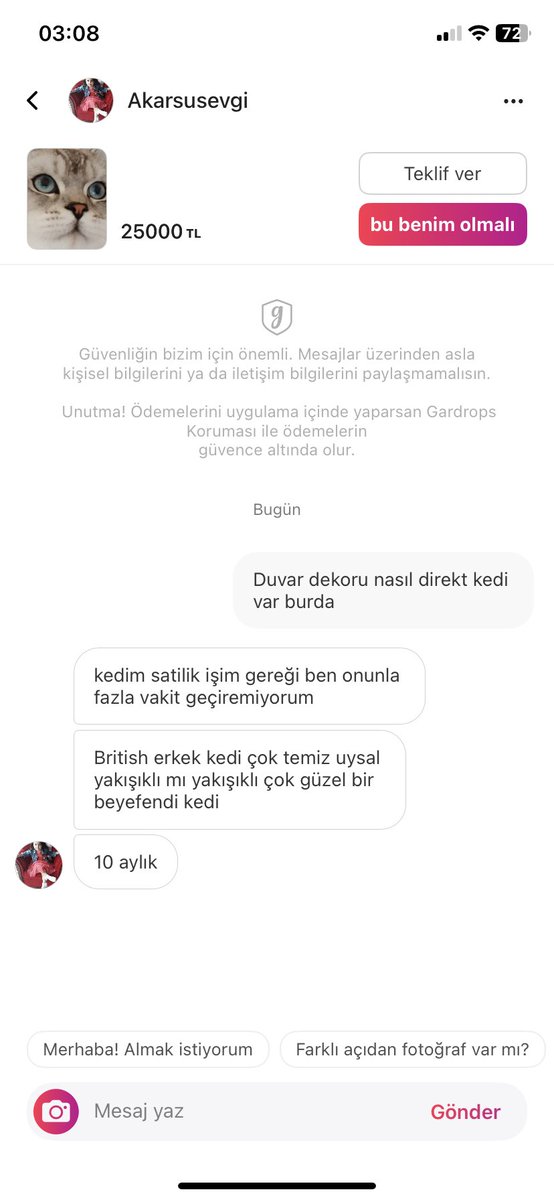 Gardırop uygulamasında kedi satılıyor. Duvar dekoru olarak ilan açmış inanamadım sordum utanmadan bir de kedim satılık diyor bi hevesle sahiplenilen kedilerin son durumu böyle oluyor yazık